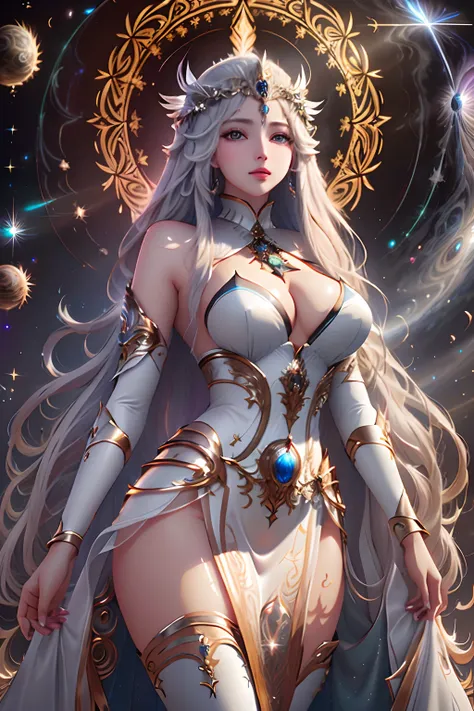 Master parts, 8K, Digital SLR, hyper qualit, perfect  face, ren, Impeccable, best illuminate, ((Goddess of creation, Create a universe, Majestic white costume, divino, framme)), Very long hair, jewely, hair adornments, Cinematic lighting, eye disease, brun...