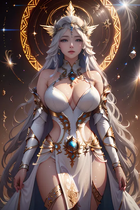 Master parts, 8K, Digital SLR, hyper qualit, perfect  face, Ren, Impeccable, best illuminate, ((Goddess of creation, Create a universe, Majestic white costume, divino, framme)), Very long hair, jewely, hair adornments, Cinematic lighting, eye disease, brun...