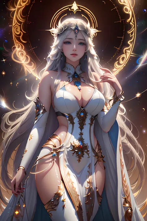 Master parts, 8K, Digital SLR, hyper qualit, perfect  face, Ren, Impeccable, best illuminate, ((Goddess of creation, Create a universe, Majestic white costume, divino, framme)), Very long hair, jewely, hair adornments, Cinematic lighting, eye disease, brun...