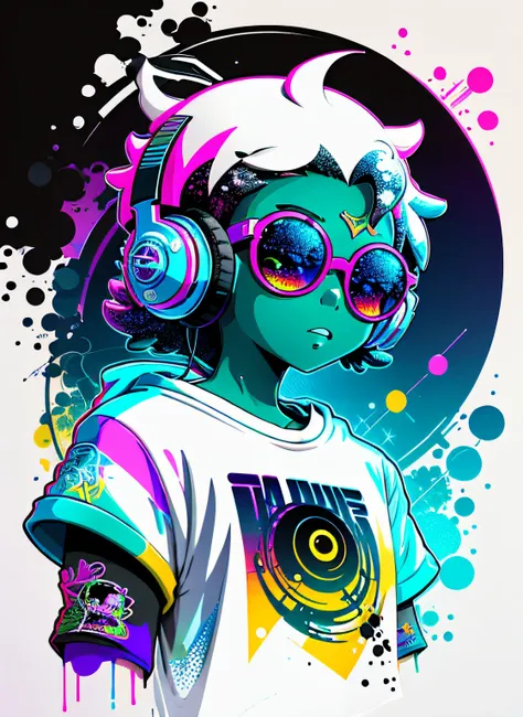 ready-to-print vector t-shirt art colorful graffiti illustration of an extraterrestrial, with headphones, round glasses, streetw...