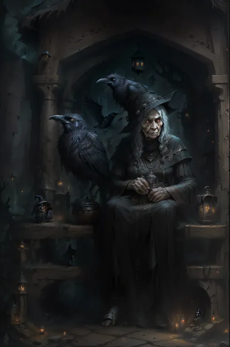 A shriveled old witch sits on a Kadilau bench in the background，She was holding a Soniste crow， The witch old woman holds the crow, The witchs old woman, the crow, snuggled tightly,The witch old woman wears a pointed wizard hat，tmasterpiece，best qualtiy，Fo...