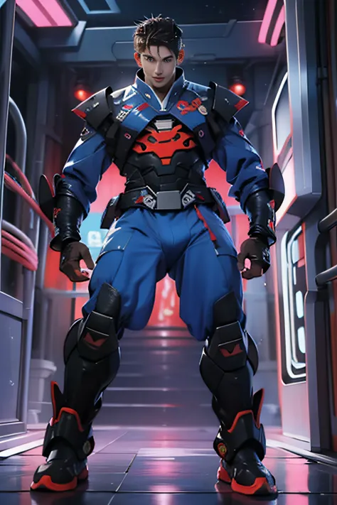 A tall muscular boy, Naked, Legs spread, detailed face, detailed eyes, The whole body of the character, impact, Sweaty, Wet, Seductive, Bigboobs , large bulge, big balls, From the knees , big ass, mechs, punky style,Wu Yifan