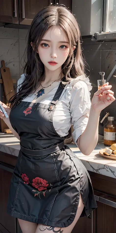 photorealistic, high resolution, soft light,1women, solo, hips up, (detailed face),a woman with various tattoos and hair standing in her kitchen, Her apron is the only dress