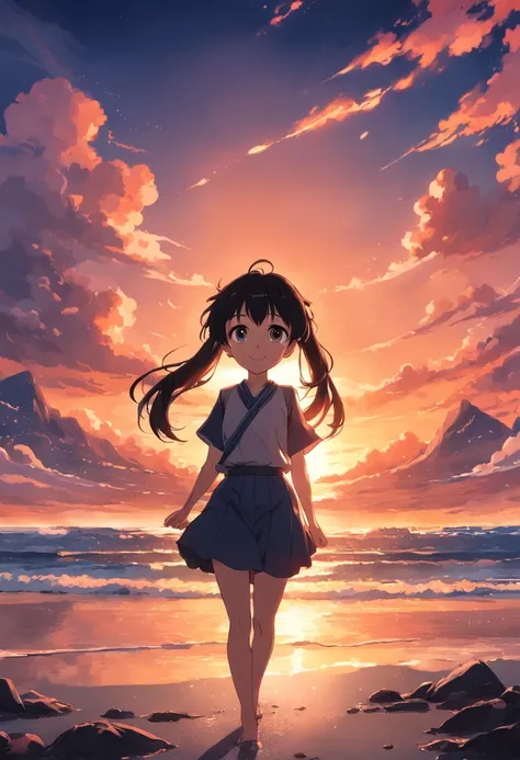 animesque, charicature, positive and cheerful look,a smile, Illustration of a girl on beautiful sunset background,looking at viewer