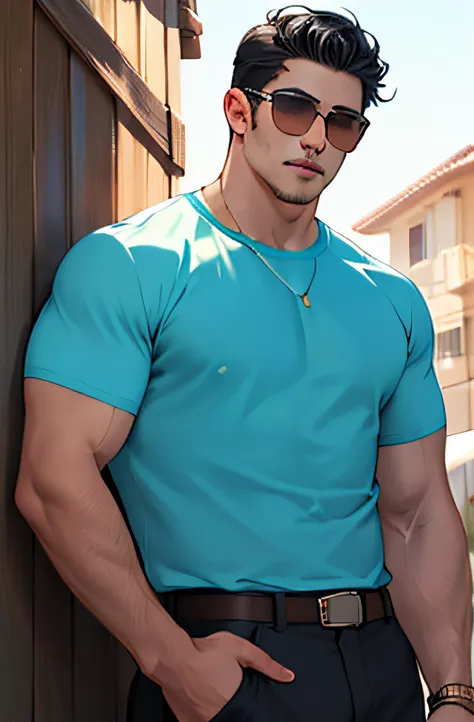 Lifelike，（The Masterpiece，Top quality，best qulity，officlal art），greatly detailed，Colorful，Most detailed，God，shorter hair，black color hair，Handsome man，gargantilha，short sleeve，outskirts，sun glasses, cowboy shot