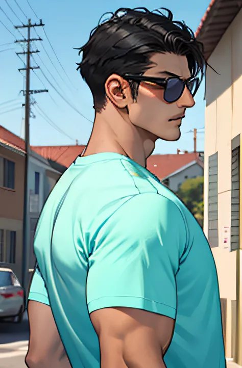 Lifelike，（The Masterpiece，Top quality，best qulity，officlal art），greatly detailed，Colorful，Most detailed，God，shorter hair，black color hair，Handsome man，gargantilha，short sleeve，outskirts，sun glasses, cowboy shot