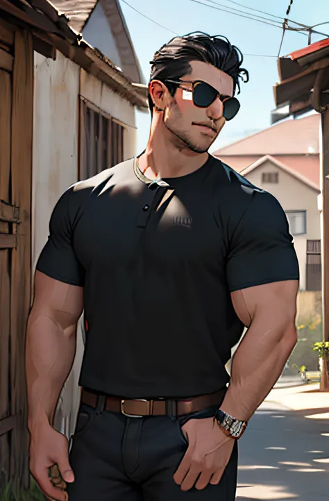 Lifelike，（The Masterpiece，Top quality，best qulity，officlal art），greatly detailed，Colorful，Most detailed，God，shorter hair，black color hair，Handsome man，gargantilha，short sleeve，outskirts，sun glasses, cowboy shot