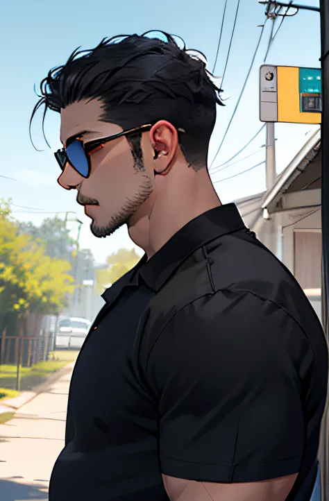 Lifelike，（The Masterpiece，Top quality，best qulity，officlal art），greatly detailed，Colorful，Most detailed，God，shorter hair，black color hair，Handsome man，gargantilha，short sleeve，outskirts，sun glasses, cowboy shot