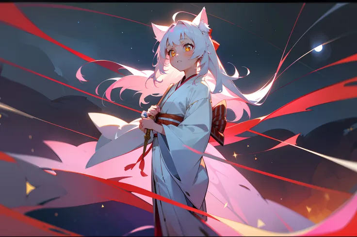 archer，teens girl，long  white hair，Cat ears，The white kimono has red stripes，Yellow pupils，Standing on the surface of the sea，holding a bow，The background is a starry sky，The girl looked up to the sky，Starlight series，Pink bent tooth moon