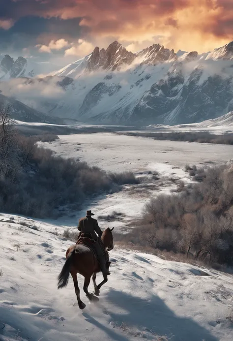 Jules Vernes character Michel Strogoff riding a horse in Siberian landscape