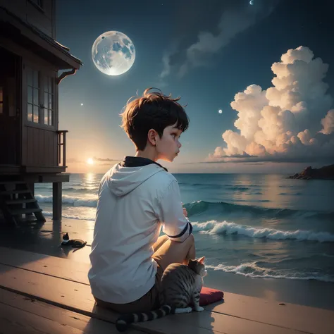 A boy watching sitting near the seashore, moon up in the sky, a cat near with him, scenery, art effect, coloured