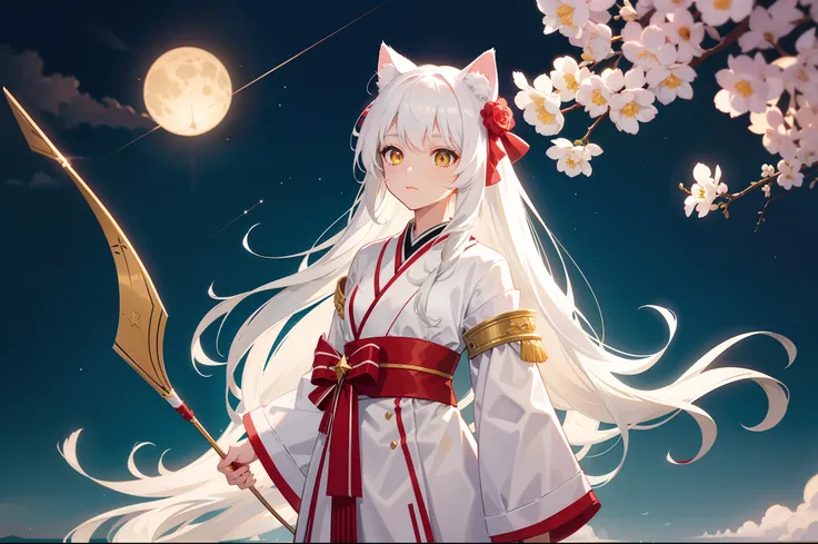 archer，teens girl，long  white hair，Cat ears，The white kimono has red stripes，Yellow pupils，Standing on the surface of the sea，holding a bow，The background is a starry sky，The girl looked up to the sky，Starlight series，Pink bent tooth moon