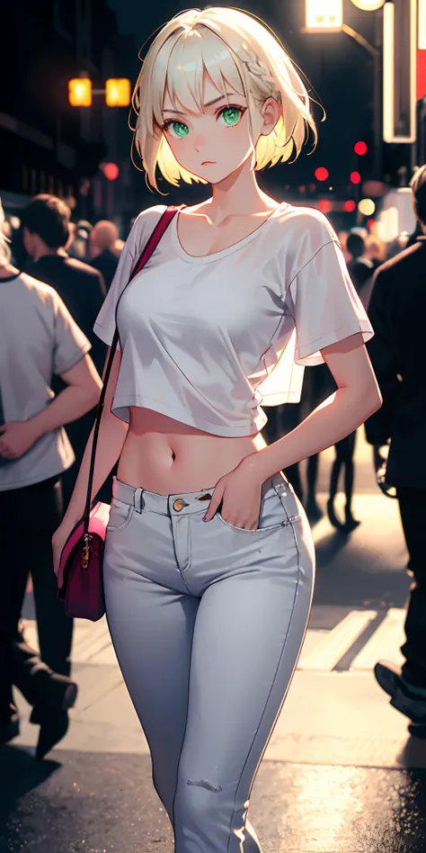 masterpiece, best quality, nsfw, 1girl, platinum blonde hair, short hair, green eyes, braids, small perky breasts, on the street, night, neon light, white t-shirt, braless, black pants, poker face, front view, standing, in crowd,