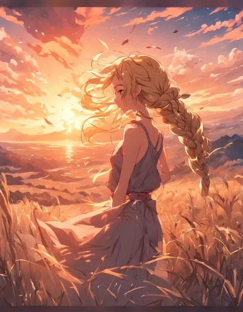 landscape beautiful woman braided hair blonde hair wind swinging hair with extimation puppy sunset doo brunette