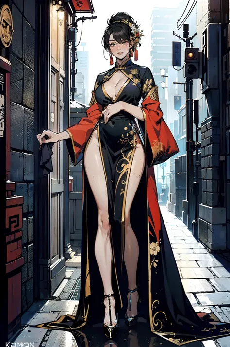 Doctor close-up, Has a glowing five-star rating, Their names, Photo, and the city in the background.，Large bust，rimless eyewears，Slim figure，Cute girl，Full body like，Hanfu，komono，Ancient Chinese streets，Dirty dark streets，high-heels，long leges，squatt