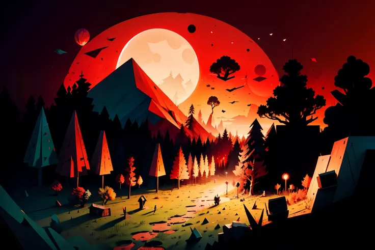 Friday night funkin, video game level, background, forest, trees, 2d level, videogame, backdrop, simple cartoon design, paper cutout, dead, red, static, glitchy, deadly, rotten, rotten forest, red sky