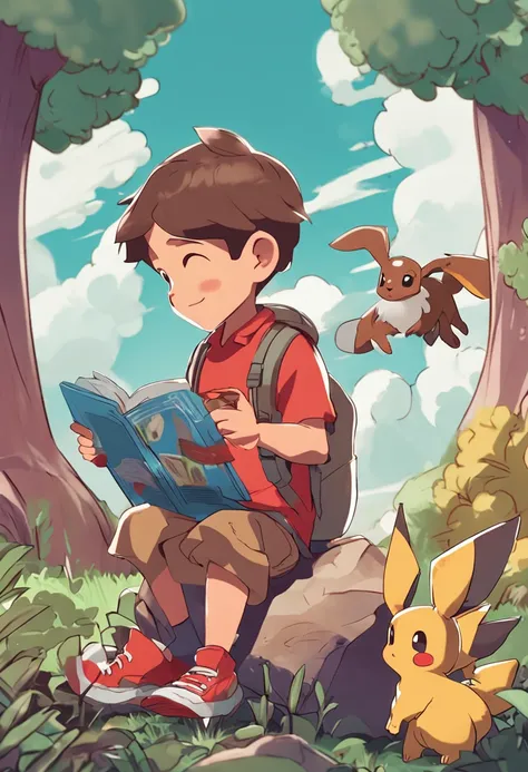 a little boy play with eevee,pokemon world,animate