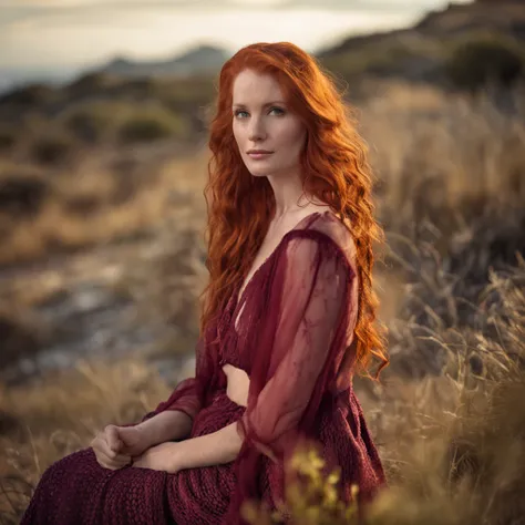 Best quality, Masterpiece, raw photograph of a beautiful woman, red hair, canon eos mark iv 5d, 50 mm, dslr, 4k