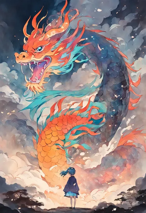 Multicolored , Colorful , Bright colors ,chinesedragon , Akari Toriyama , Chinese ink painting , close lens ,Cloud fog