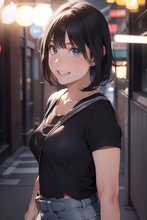 ultra-quality, ultla highres, Hyper Detailed, High contrast, superfine illustration, creative refinement, Downtown, Smile, Chest emphasis, 18year old