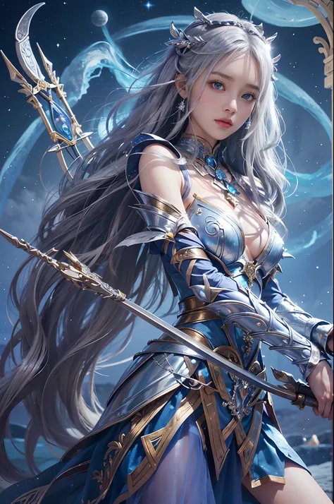 (Archer girl dressed in armor like an enchanting moon goddess),(Realistic Beautiful Night Sorceress),(Artemis, goddess of the moon),Silver bow and arrow with luxurious decoration in the hand,Ready to shoot the bow,mysterious girl,Amazing effect,(small tits...