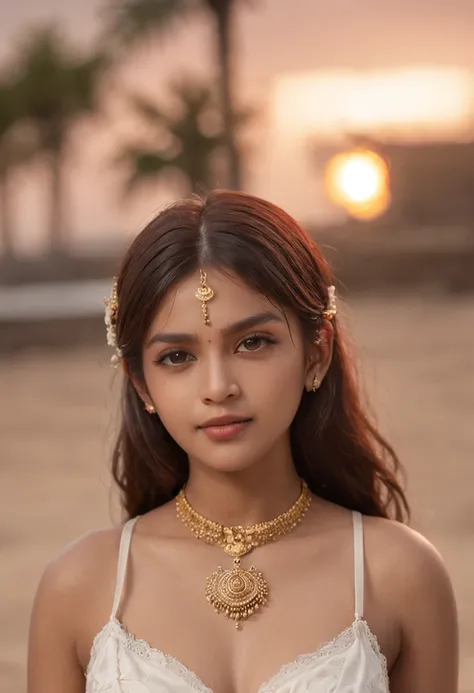 (Sexy Sri Lankan Girl)、8yk、Raw foto、(​masterpiece)、(top-quality)、hight resolution、(1girl in)、(realisitic、Photorealsitic:1.2)、ultra-detailliert、physically-based renderingt、a necklace、耳环、air bangs、hair adornments、evening glow、鎖骨、wristbands、a navel、length hai...