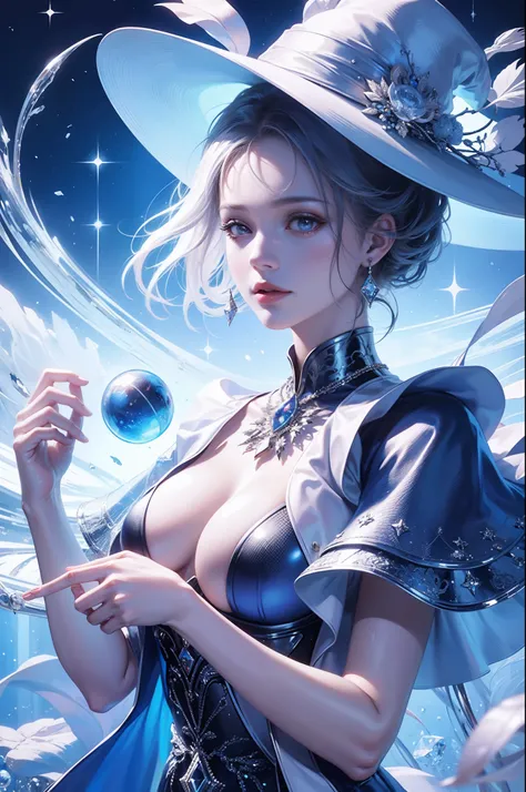 sorceress woman，Conservative attire，(With a huge hat)，Crane in blue，Wearing blue and red and white princess dresses，Close-up of upper body，Close-up photos，jewelery，Visions of heaven and earth，Magic crystal ball，The background is the Milky Way，solar system