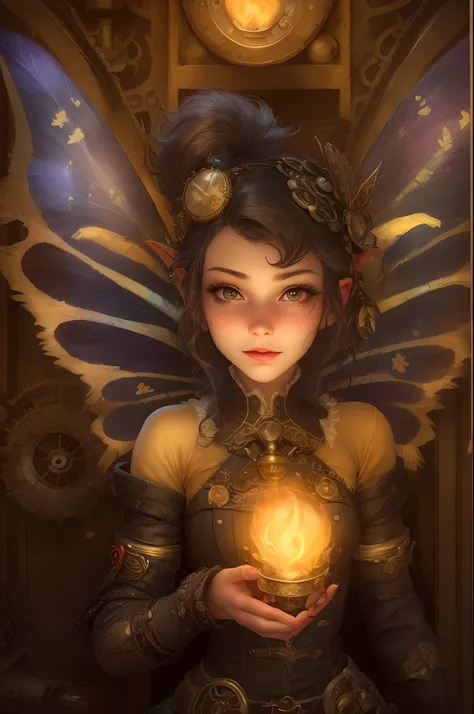 "Steampunk faery with a cute expression, positioned in an art deco room bathed in golden light from a flickering candle."