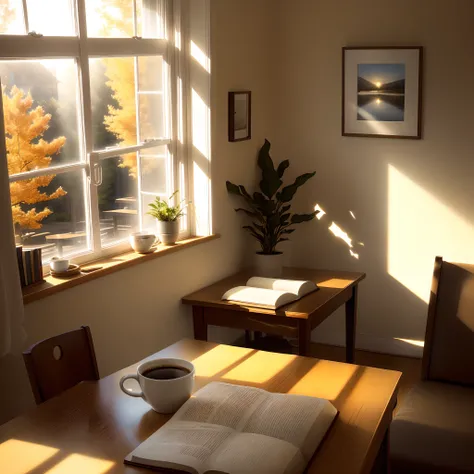 There was a cup of coffee and a book on the table, a picture by Niko Henrichon, shutter inventory, romanticism lain, soft autumn sunlight, Soft morning light, radiant morning light, cozy home background, afternoon sunlight, morning golden hour, hard mornin...