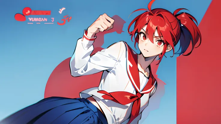 Anime boy with red hair, Anime boy in white sailor suit, Anime boy in blue skirt poses in photo, Boy with red short ponytail hair, Boy with brown eyes, aya takano color style, Muscular men, High School Boys in Anime