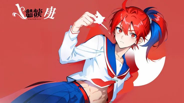 Anime boy with red hair, Anime boy in white sailor suit, Anime boy in blue skirt poses in photo, Boy with red short ponytail hair, Boy with brown eyes, aya takano color style, Muscular men, High School Boys in Anime