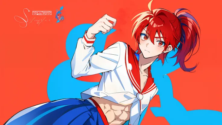 Anime boy with red hair, Anime boy in white sailor suit, Anime boy in blue skirt poses in photo, Boy with red short ponytail hair, Boy with brown eyes, aya takano color style, Muscular men, High School Boys in Anime