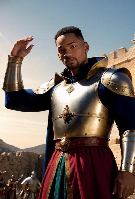 Will Smith rendered in ultra-realistic style, wearing medieval-era clothing, with a tall and defined physique, highly saturated muscles, high definition, ultra-realistic HD, 8K resolution. The scene is set in a cinematic backdrop of a grand Greek arena, wi...