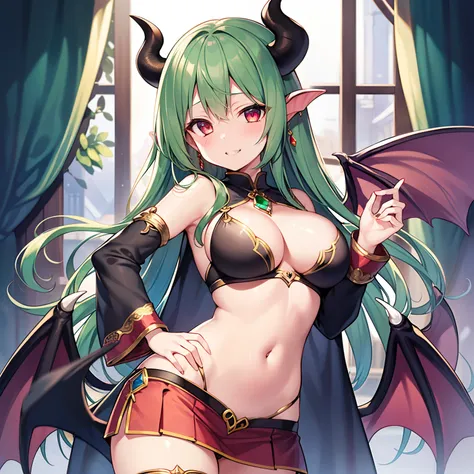 1girl in, Solo, masutepiece, nffsw、Shaders、Brilliant Textured Work、(Succubus clothes:1.5)、blue hairs、Very long hair、Outer bouncing hair、(Thin sheer miniskirt:1.3)、(Emerald gemstone accessories on the chest:1.3)、Horns on the head、Jagged teeth、very large bre...