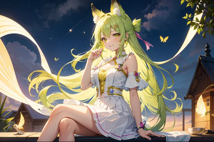 Heteropupil，teens girl，Sit on the roof of a sharp corner，Greenish-yellow staggered hair，with long coiled hair，There is a pink butterfly on the finger，The girl was smiling，The background is night，owl ear，starrysky