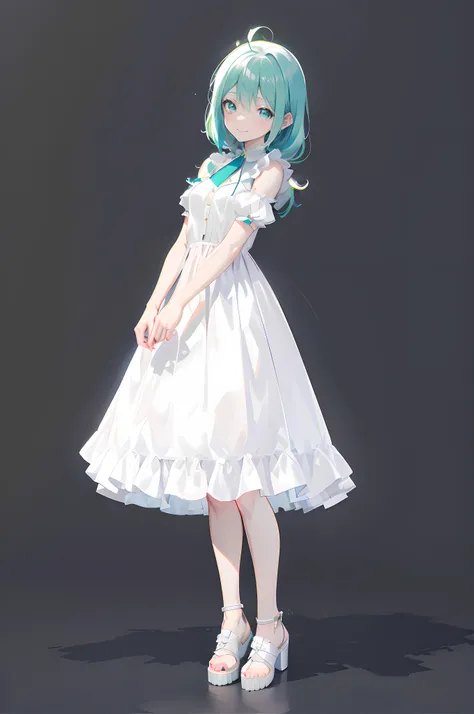 anime girl in white dress with green hair and white shoes, loli in dress, anime styled 3d, wearing a white dress, stylized anime...