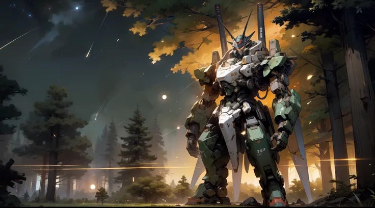 A brave soldier stands near the war mech in the forest. its night time，There is a full moon in the sky，Full of stars，There are some fireflies in the background. He is sending positive signals. Panoramic view. full body in picture. Centered.