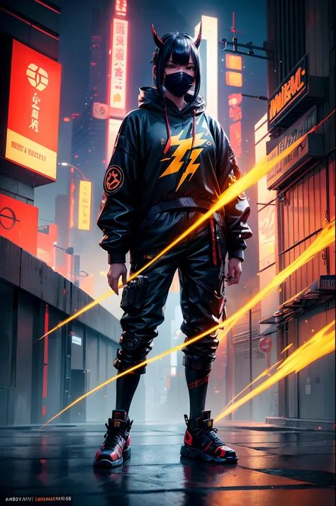 (((best quality))), (((masterpiece))), solo, super fine photo, full body picture Unreal Engine 5 8K UHD, samurai, mask oni , cyberpunk, vibrant color, high detail, hanya, lightning wave, 3d, CGI, glowing neon, cyberpunk, streetwear outfit, unified 8k wallp...