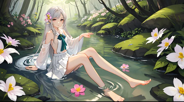 1girll, Lamia, scutes, white  skirt， full bodyesbian，Naked, Bareleged，The barefoot，Original Character, volumettic light, Best shadow, shallowdepthoffield, Stunning beautiful girl, Petite, Delicate, beautiful attractive face，ln the forest，Eau，Treading baref...