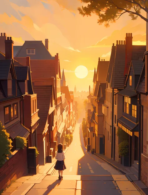 in the style of makoto shinkai, superfine illustration, Best Quality, Create captivating illustrations that invite viewers to the cityscape reminiscent of London. Drawing rows of houses with brick roofs, Perfectly complemented by warming, The golden color ...