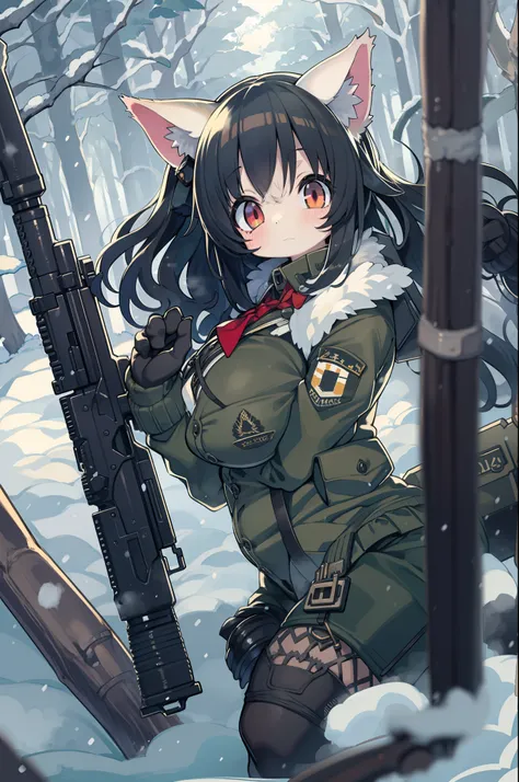 snowy forest, Black hair, Cat ears, Cat Girl, Red Eyes, As I ran, officer uniform, , Germany, Black Officer Uniform,huge-breasted、Giant Sniper Rifle、From the top、Overhead view,Very Wide Shot