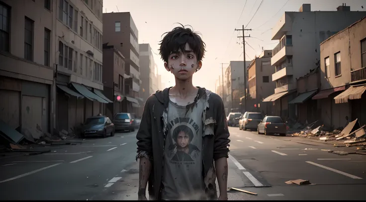 a ragged teenage boy, tattered clothes barely covering his thin frame, tousled hair that hasn’t seen a brush in days, dirt smudges on his cheeks and hands, with a gaunt expression and weary eyes, standing at the edge of a desolate city street, rubble and d...