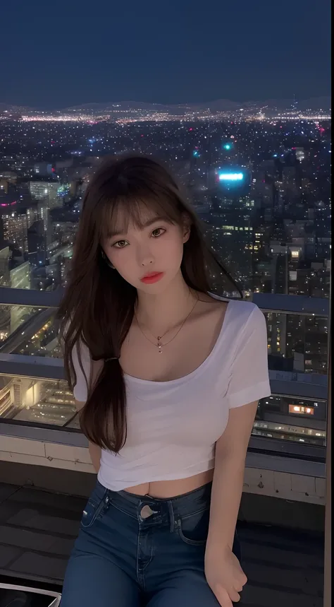 ((mid night、top-quality、8k、​masterpiece:1.3)), full bodyesbian, foco nítido:1.2, Beautiful woman with perfect body shape:1.4, Slender Abs:1.1, ((dark brown  hair、huge tit:1.2)), (White tight t-shirt、Jean Bib, open ones legs:1.2), ((Night City View、On the r...