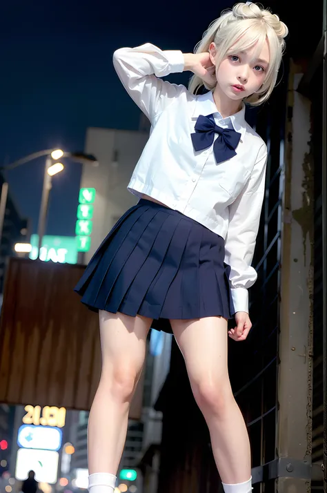 (8k, RAW photo, best quality, masterpiece:1.3),(realistic,photo-realistic:1.37),(night),(looking at viewer:1.331),(white hair),posing,Tokyo street,nightcityscape, cyberpunk city,soft light,1girl,extremely beautiful face,bust,put down hands,Random hairstyle...