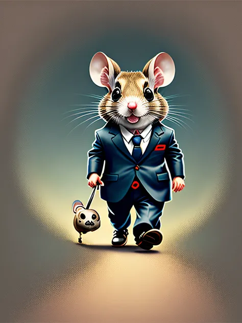 The illustration is a mouse with the suit clothes , bipedal rat , skull , o rato parece estar correndo atras de alguma coisa , rato: expression of one who is late for something; ,ao fundo dinheiros varias cedulas