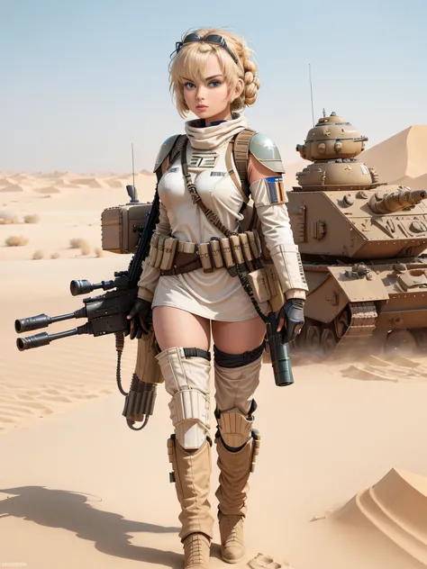 Arapi in the desert with guns and tanks, female stormtrooper, mechanized soldier girl, solo female character, Blonde female Jedi, clothed in sci-fi military armor, Margot Robbie as Princess Leia, star wars character, soldier girl, olya bossak, soldier outf...