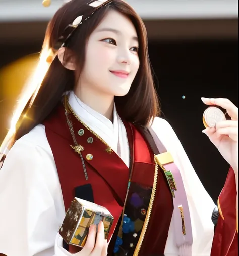 Smiling woman with brown hair holding coin and small box