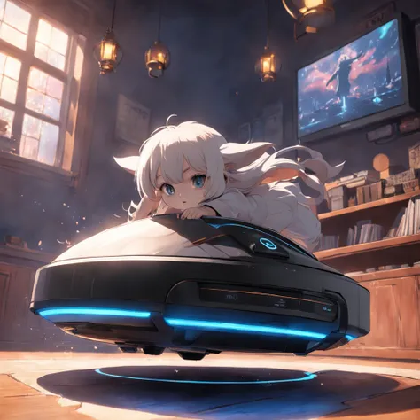 witch on the flying robot vacuum, high quality, hyper detail, high resolution, 8k