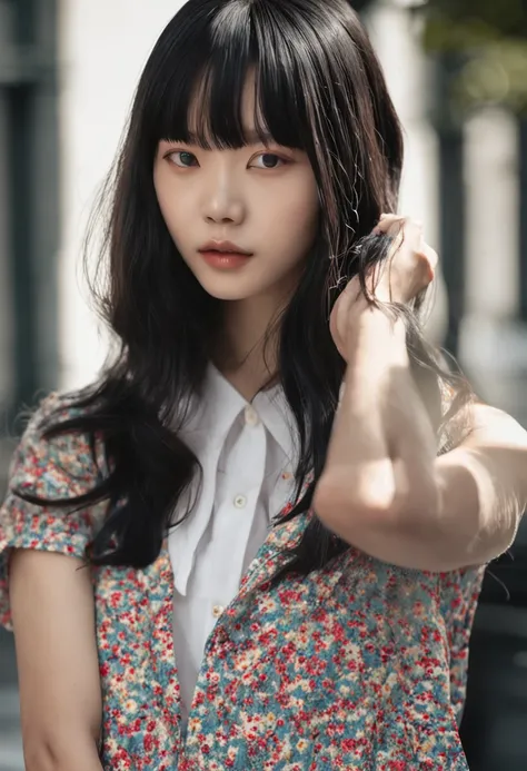 A woman with long black hair sat down, a picture inspired by Ma Yuanyu, reddit, shin hanga, She has black hair，By bangs, With bangs, Shin Jinying, Lee Ji-eun, lee ji eun, jaeyeon nam, with full bangs, Korean girl, Choi Hyun-hwa, center parted bangs, chiho