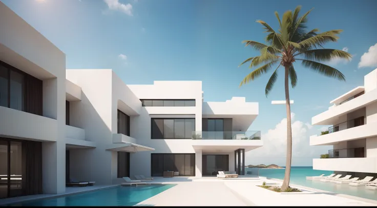 hyper realistic vray render, exterior and wide angle view, a contemporary luxury modern hotel made of white concrete, inspired by frank lloyd wright, sandy beaches with palm trees